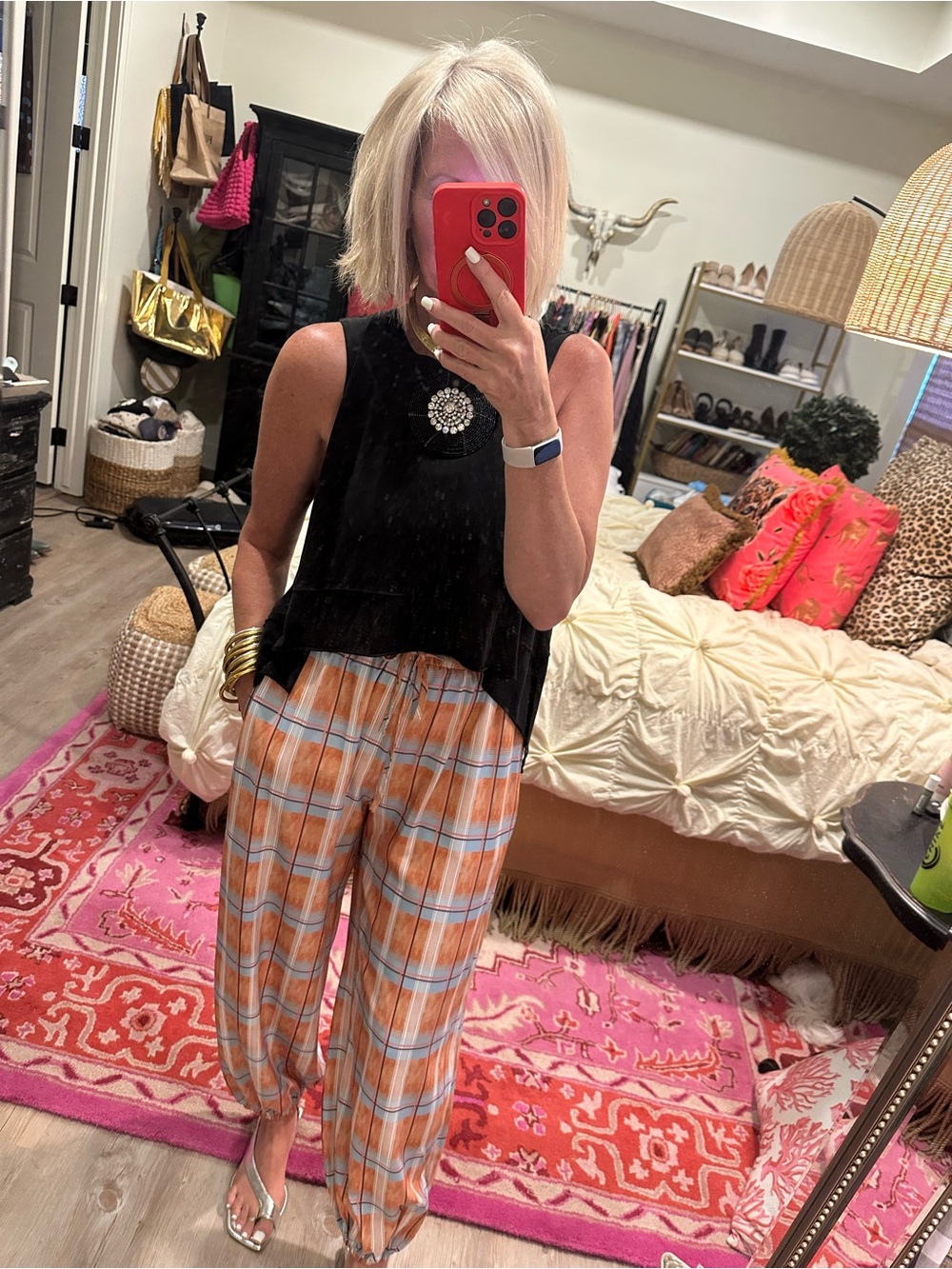 Orange Plaid Relaxed Bubble Hem Pants